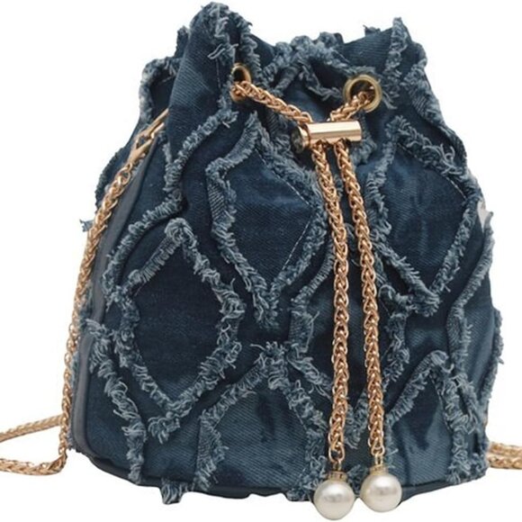 Handbags - Blue Denim Purses for Women, Jean Bucket Bags, Crossbody Hobo Drawstring Handbag